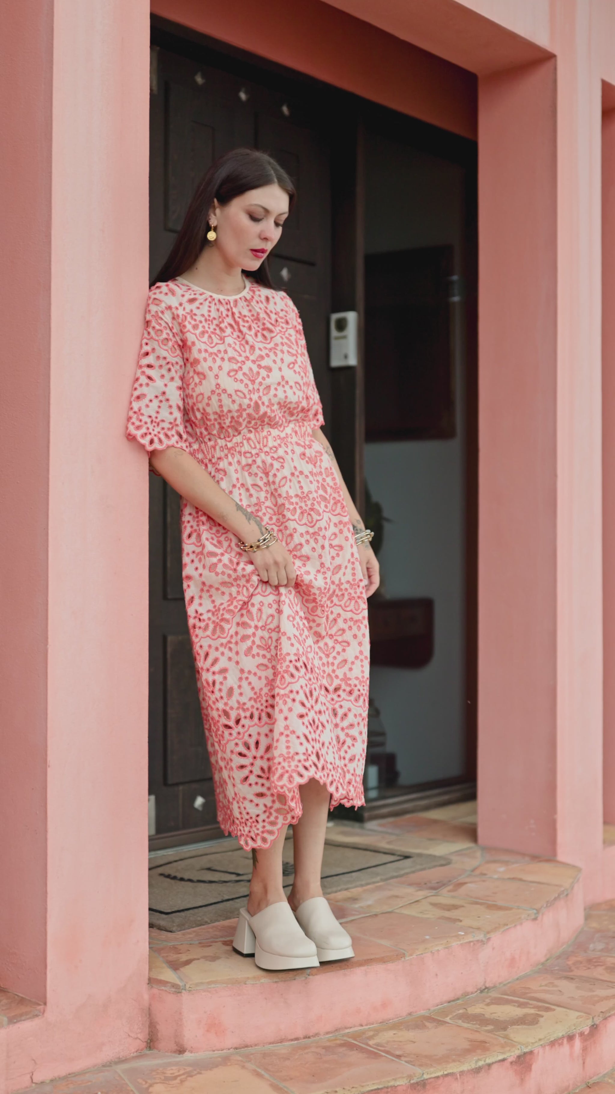 melon lace dress walking