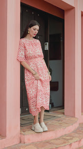 melon lace dress walking