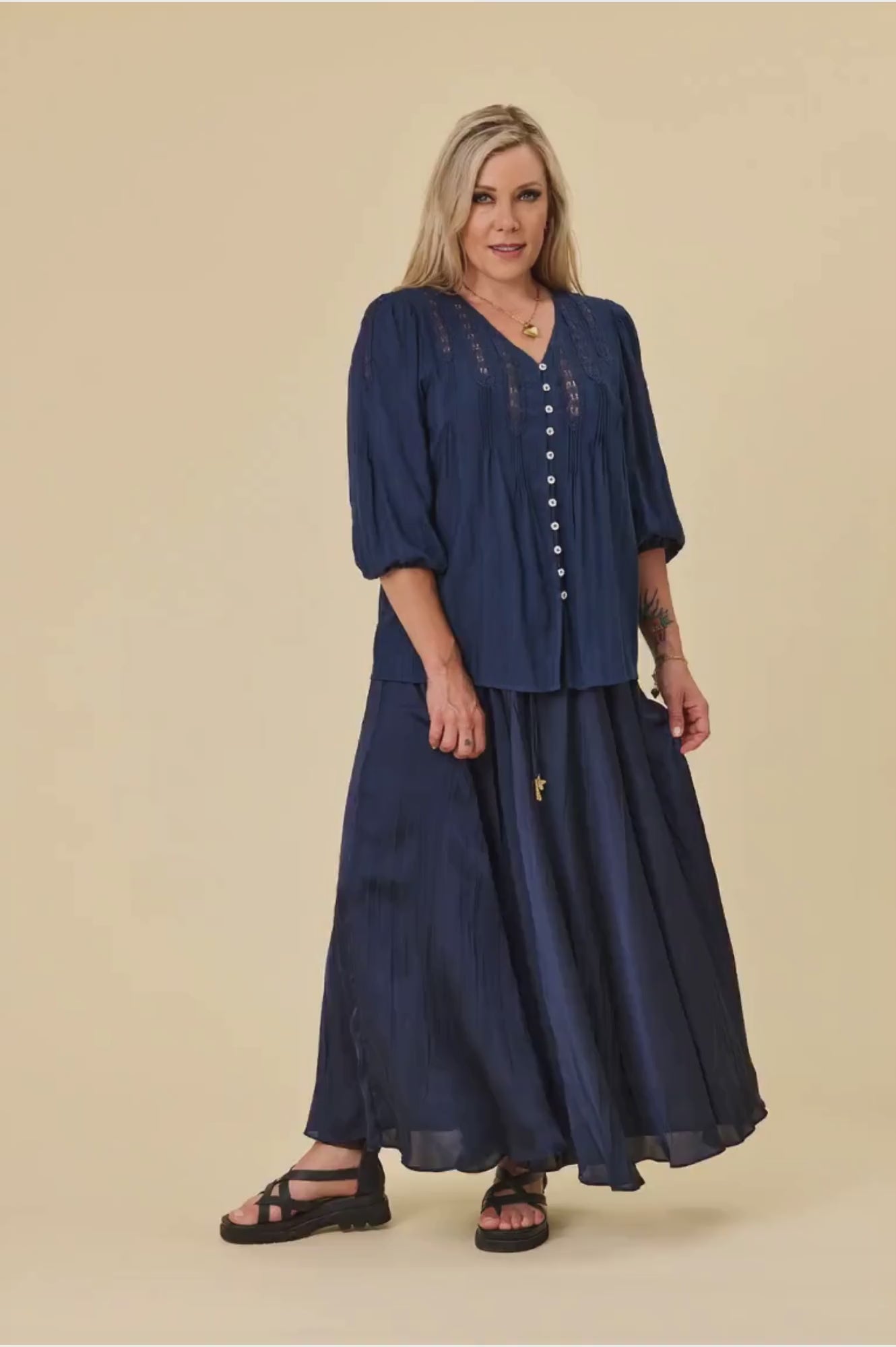 Video of the Sway Skirt in Indigo satin, full maxi skirt in motion — Libertine The Label