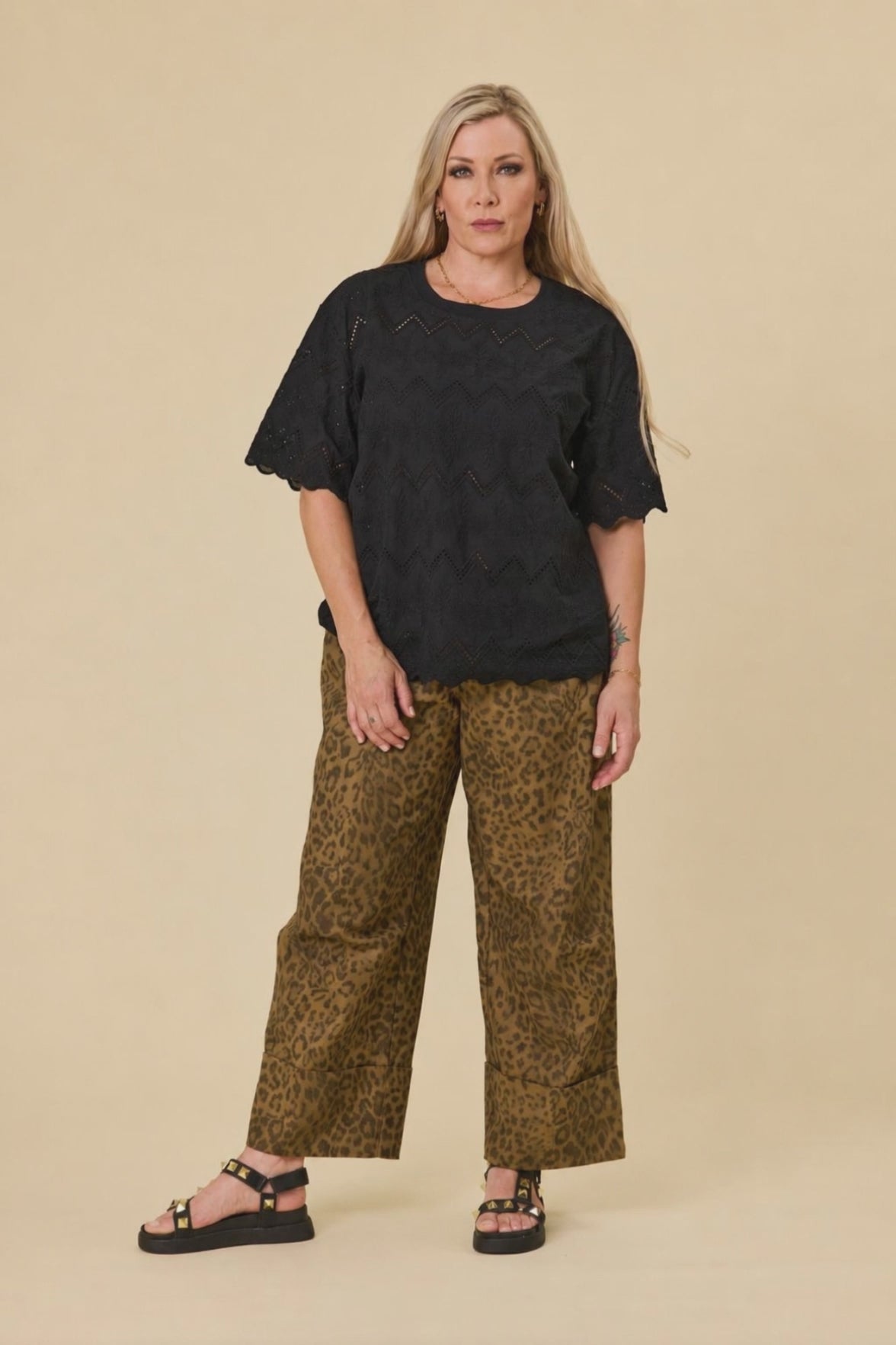 model wearing luna top black and sahara barrel jeans panther - Libertine the label