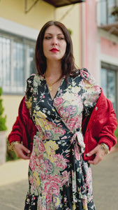 red velvet bomber jacket with floral dress