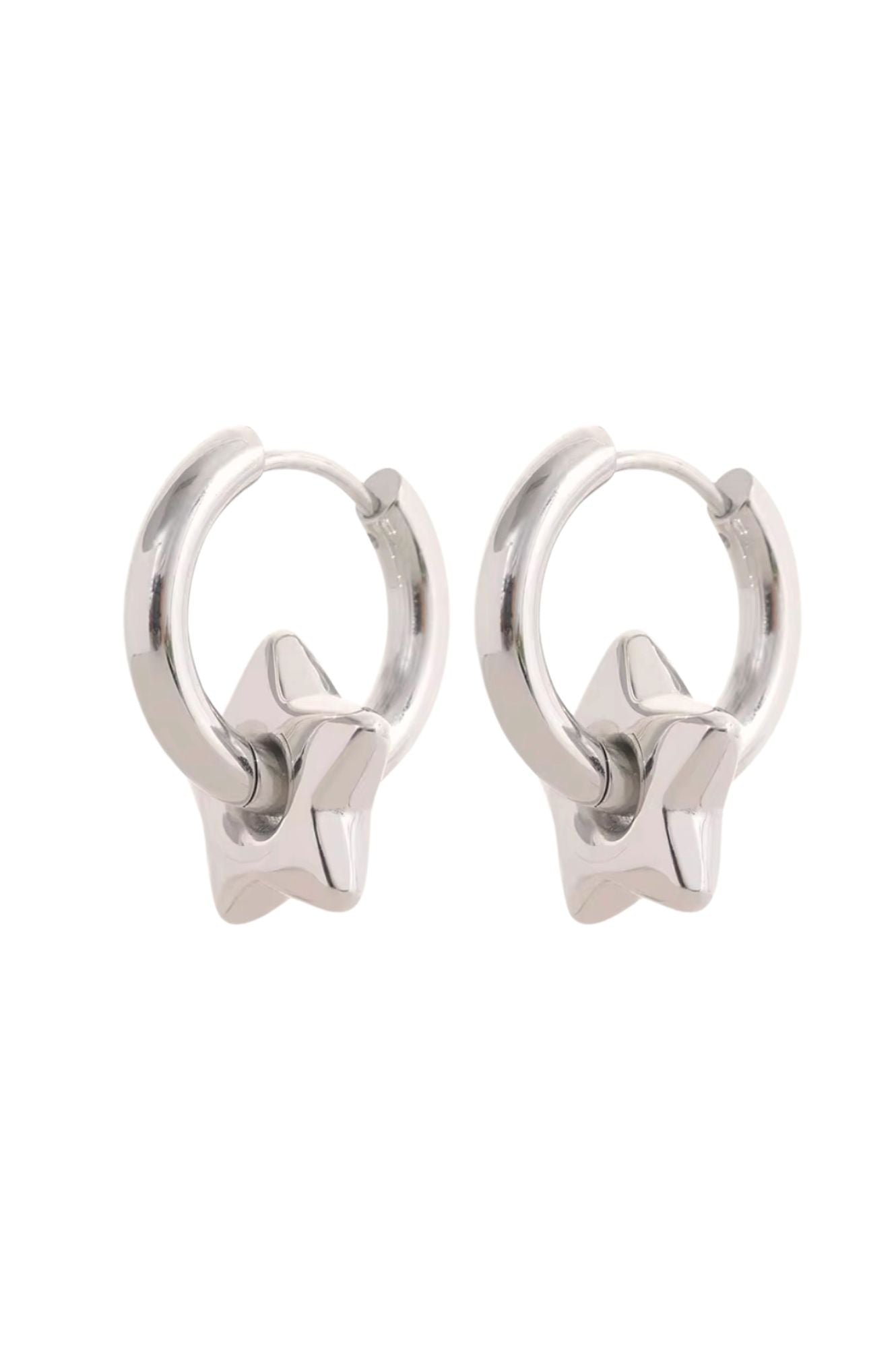 Pair of silver hoop earrings on a white background