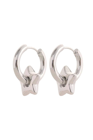 Pair of silver hoop earrings on a white background