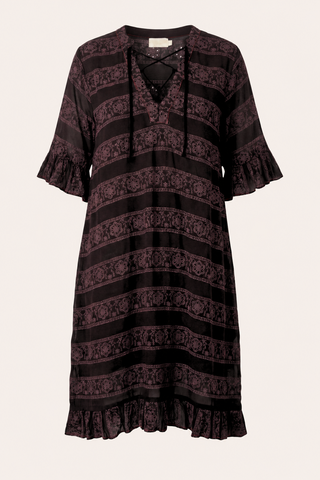  a dark espresso embroidery lace-up dress with ruffled sleeves and hem,